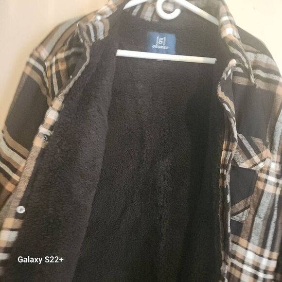 O16 George mens black/brown/tan plaid flannel black sherpa-lined jacket w snaps - Picture 5 of 10
